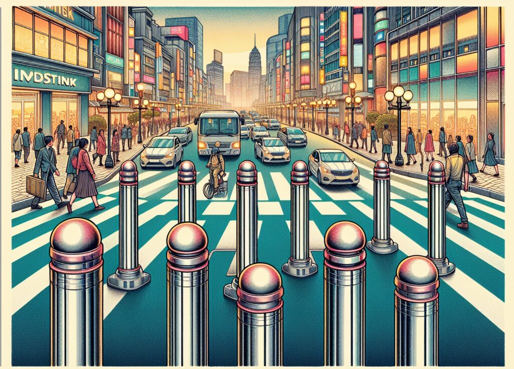 An illustration depicting bollards managing traffic flow in a busy urban area