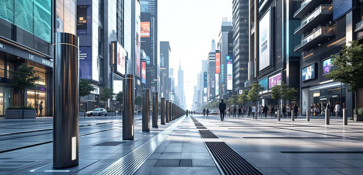 A variety of retractable bollards in different settings.